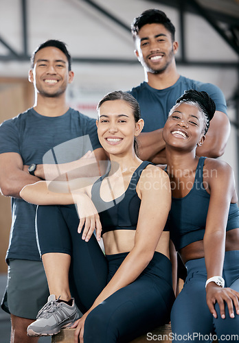 Image of Fitness smile and portrait of friends in gym for teamwork, support and workout. Motivation, coaching and health with people training in sports center for cardio, endurance and wellness challenge