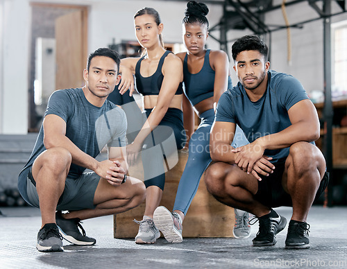 Image of Fitness, diversity and portrait of people in gym for teamwork, support and workout. Motivation, coaching and health with friends training in sports center for cardio, endurance and wellness challenge