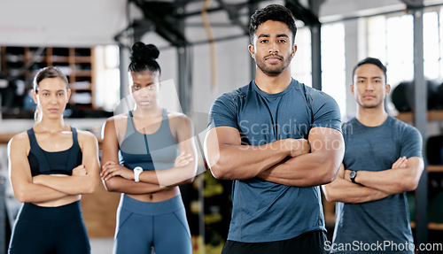 Image of Fitness, diversity and portrait of people in gym for teamwork, support and workout. Motivation, coaching and health with friends training in sports center for cardio, endurance and wellness challenge