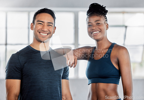 Image of Fitness, portrait or personal trainer with a black woman at a gym for training, exercise or body workout. Motivation, friends or happy sports athletes in a partnership smile with pride in health club