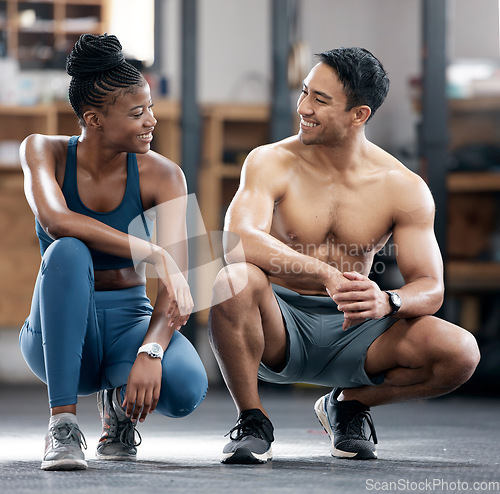 Image of Fitness, happy or black woman with coach at gym to start training, exercise or body workout. Team partnership, personal trainer or African client with pride in health club for exercising activity