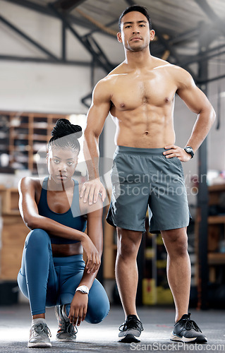 Image of Fitness, portrait or coach with a black woman at a gym training, exercise or body workout. Team partnership, personal trainer or African client with pride in health club to start exercising activity