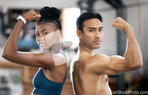 Image of Portrait, black woman or personal trainer flexing muscles or body goals in training, workout or exercise. Fitness coaching, mindset or healthy athletes with strong biceps, motivation or focus at gym