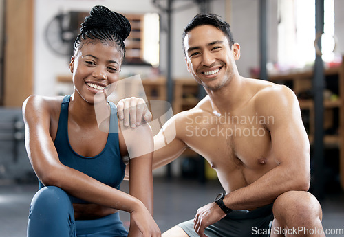 Image of Portrait, fitness or happy black woman with coach training body goals in workout or exercise with teamwork. Personal trainer, partnership or healthy sports friends with growth mindset or pride at gym