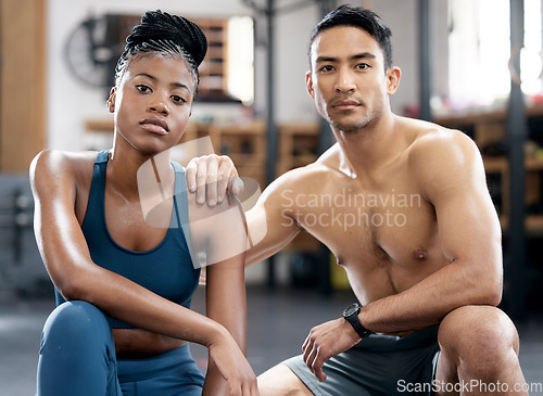 Image of Portrait, fitness or black woman with coach training body goals in workout or exercise with teamwork. Leadership, partnership or healthy sports friends with growth mindset, motivation or focus at gym