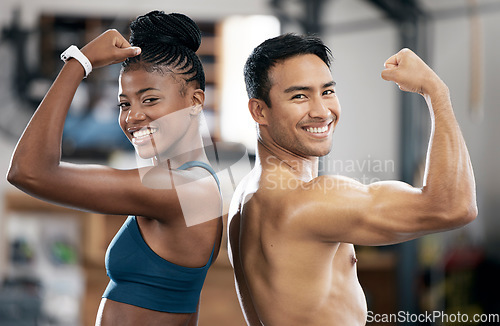 Image of Portrait, black woman or coach flexing muscle or body goals in training or fitness exercise at gym. Coaching results, happy friends or healthy sports athletes with strong biceps, motivation or focus