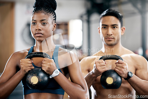 Image of Fitness, kettlebell or couple of friends at gym strength training, exercise or workout at gym together. Team partnership, teamwork or healthy sports athletes with power, motivation or focus at gym