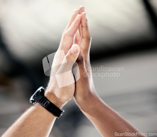 Image of Fitness, team work or hands high five for success or body goals in training, workout or exercise at gym. Winner, partnership or healthy sports people with motivation or support or mission for winning