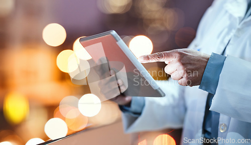 Image of Doctor, tablet and healthcare hands at night for research, consultation and online medical information. Hospital man with technology for health communication, contact us and 5g network connection