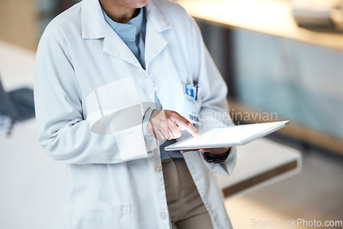 Image of Doctor, hands and tablet with mockup screen for medical research, surgery planning or medicine schedule at night hospital. Woman, healthcare and worker on technology mock up for digital medicine help