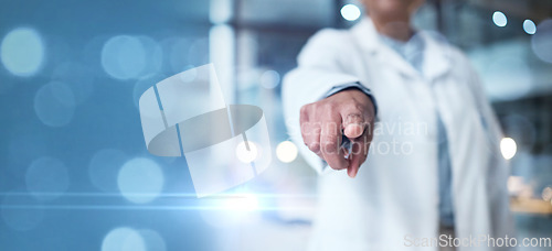 Image of Doctor, finger or touch on interactive copy space, mockup or bokeh mock up in database design, medical research or night planning. Zoom, hand or pointing healthcare woman in selection or vote choice