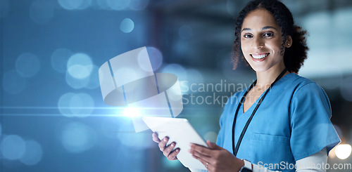 Image of Portrait, nurse or digital tablet and copy space, mockup or bokeh mock up for night planning, medical research or schedule. Smile, happy woman or doctor on hospital, healthcare or wellness technology