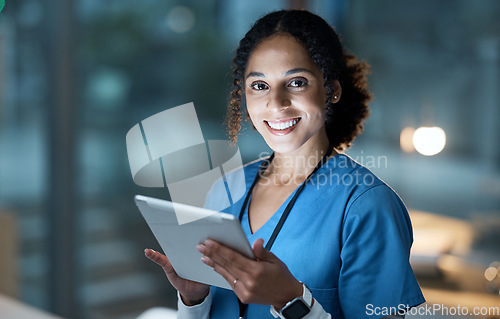 Image of Nurse portrait, tablet and black woman in hospital working on telehealth, research or online consultation. Face, healthcare and female physician with technology for wellness app in clinic at night.