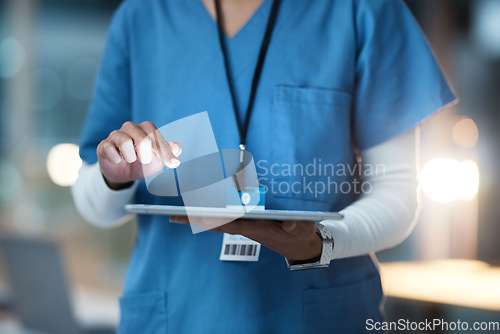 Image of Technology, healthcare and hands of doctor with tablet for medical research, planning and report in hospital. Nurse, clinic and black woman with digital tech for results, prescription and insurance