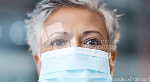 Image of Elderly woman, face mask and healthcare with Covid, safety from virus and PPE health portrait. Medicine, medical compliance or policy with wellness, bokeh and surgery with protection from bacteria