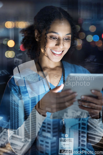 Image of Woman, nurse or tablet and city abstract, overlay or futuristic community in global healthcare, wellness or support. Smile, happy or technology in night hospital worker or doctor with success results