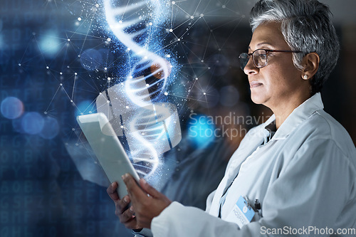 Image of Doctor, tablet or dna hologram in analysis, innovation or genetic ideas in night hospital or future evolution study. Thinking, woman or abstract genes on healthcare technology or futuristic wellness