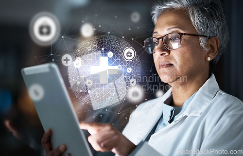 Image of Doctor, tablet or futuristic global healthcare on cybersecurity, life insurance or data safety app on night hospital network. Thinking, woman or medical technology hologram and overlay for research