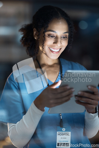 Image of Black woman, nurse and tablet in night planning, medical research or surgery ideas schedule. Smile, happy and doctor working late on technology, hospital healthcare or wellness with test results