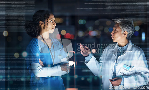 Image of Doctors, talking or futuristic teamwork in hospital night collaboration, surgery planning or wellness research. Medical, big data or future abstract graphic for healthcare women, worker or ai overlay