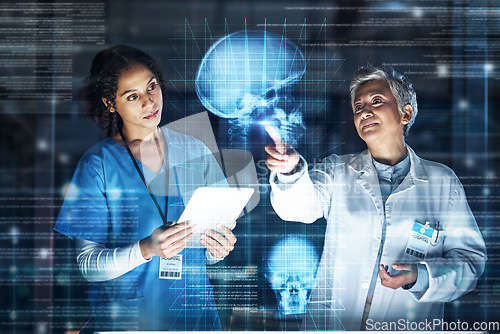 Image of Doctors, tablet or healthcare of futuristic skull in brain cancer, mental health or fracture analytics in night hospital thinking. Abstract hologram, head or organ technology or women collaboration