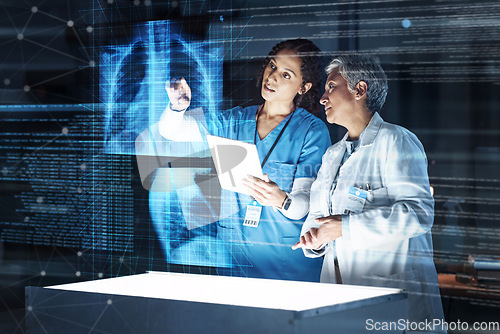 Image of Doctors, hospital or tablet with lungs hologram in tuberculosis, cancer or heart analytics in night healthcare collaboration. Futuristic, abstract or breathing organ on technology for thinking women