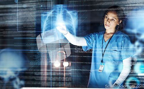 Image of Doctor, hospital or healthcare with futuristic lungs in tuberculosis, cancer or heart analytics in night surgery planning. Hologram, abstract or breathing organ xray for thinking nurse or woman ideas