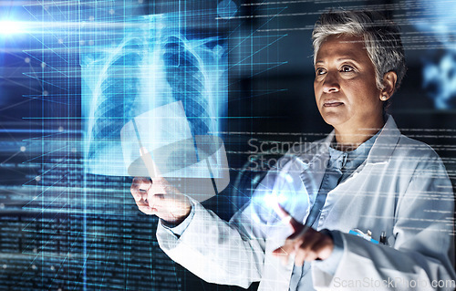 Image of Doctor, hospital or healthcare with lungs hologram in tuberculosis virus, cancer or asthma overlay analytics in night thinking. Futuristic, abstract or breathing organ glow for surgery planning woman