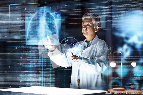 Image of Doctor, medical or hospital with lungs abstract in tuberculosis virus, cancer or asthma overlay analytics in night thinking. Futuristic, hologram or breathing organ glow for healthcare planning woman