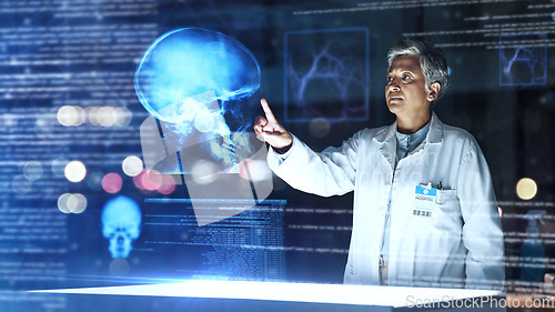 Image of Doctor, medical and hospital with futuristic skull in brain cancer, fracture analysis or overlay analytics in night thinking. Abstract, hologram and head scan for healthcare woman or surgery planning