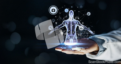 Image of Doctor, hand or 3d skeleton in healthcare, analytics or life insurance wellness on isolated black background. Zoom, medical or futuristic body hologram for abstract wellness, hospital woman or mockup