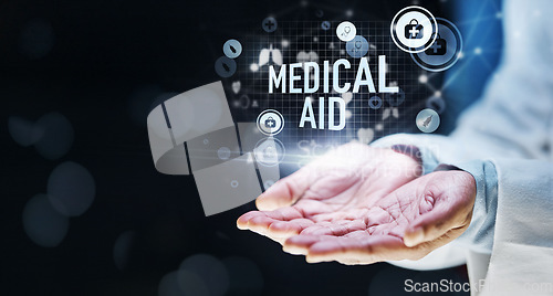 Image of Doctor, hand and abstract medical aid in healthcare, wellness trust and life insurance mockup on isolated black background. Zoom, person and futuristic hologram for hospital finance and medicine help