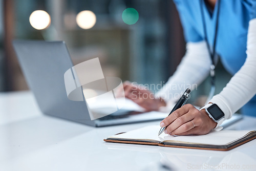 Image of Healthcare, writing and hands of nurse with notebook for medical report, planning and schedule in hospital. Medicine, clinic and black woman write notes for prescription, insurance and consultation