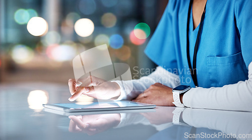 Image of Healthcare, tablet and hands of nurse working online for medical research, planning and schedule in hospital. Telehealth, communication and black woman with digital tech for consultation in clinic