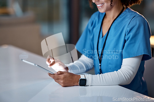 Image of Tablet, healthcare and hands of nurse working online for medical research, planning and schedule in hospital. Telehealth, insurance and black woman with digital tech for online consultation in clinic