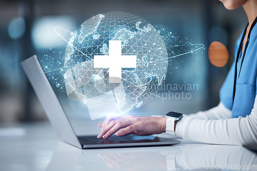 Image of Doctor, hands and technology for 3d globe networking, healthcare community or digital help for life insurance support. Zoom, medical and futuristic world for global hospital, woman or nurse on laptop