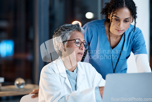 Image of Doctors, nurse or laptop in night teamwork, medical research or surgery planning in wellness hospital. Talking, thinking or healthcare women on technology for collaboration help or life insurance app