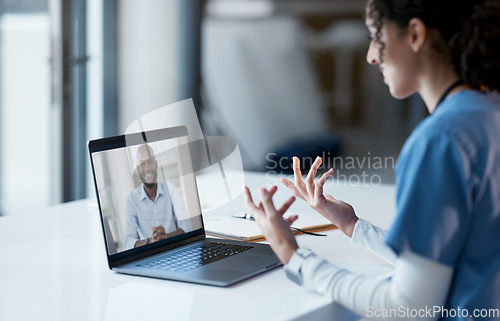 Image of Video call, laptop and doctor consulting patient online, virtual healthcare or telehealth service for advice, help or support. Computer screen, medical, and professional nurse or black people talking