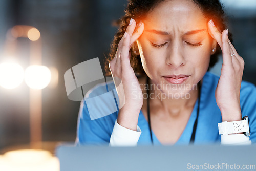 Image of Night, stress and headache with doctor at laptop for medical, stress and deadline review. Burnout, accountability and mental health with black woman for healthcare, medicine and science research