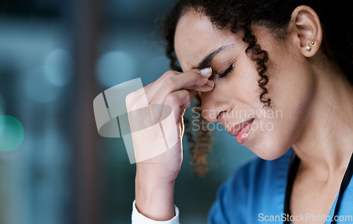 Image of Night, stress and headache with face of doctor for medical, thinking and deadline review. Burnout, accountability and mental health with black woman for healthcare, medicine and science research