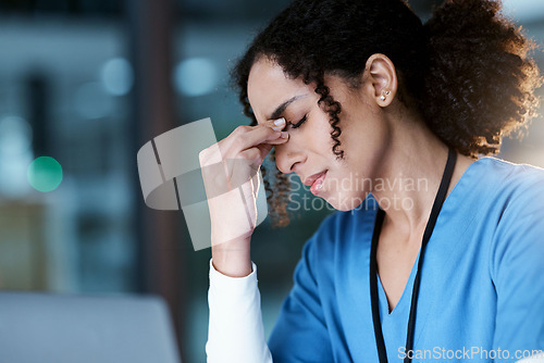 Image of Night, stress and headache with face of doctor for medical, thinking and deadline review. Burnout, accountability and mental health with black woman for healthcare, medicine and science research