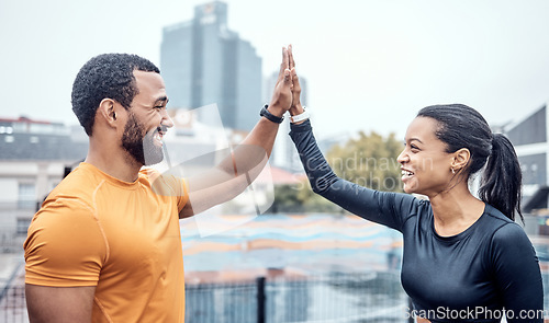 Image of Couple of friends, high five and exercise in city for workout success, team support and marathon winner. Happy athletes, sports motivation and celebration of achievement, wellness and fitness goals