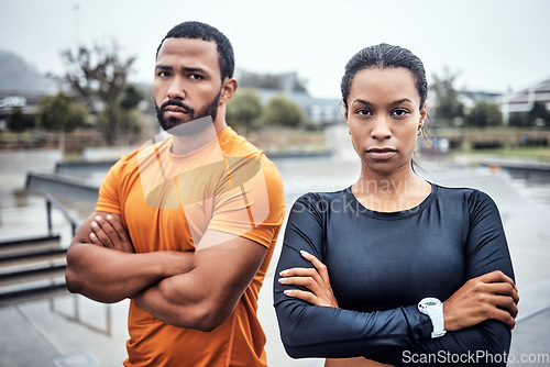 Image of Fitness, athlete and portrait of couple after workout, run or sports training in the city. Motivation, serious and young man and woman runners standing with crossed arms after outdoor cardio exercise