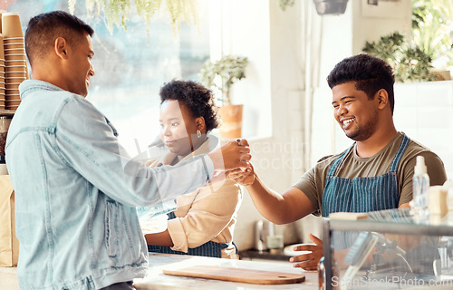 Image of Customer, purchase and coffee shop service for man at a cafe or restaurant with friendly worker in the morning. Beverage, consumer and man gives satisfied buyer an expresso or tea in a store