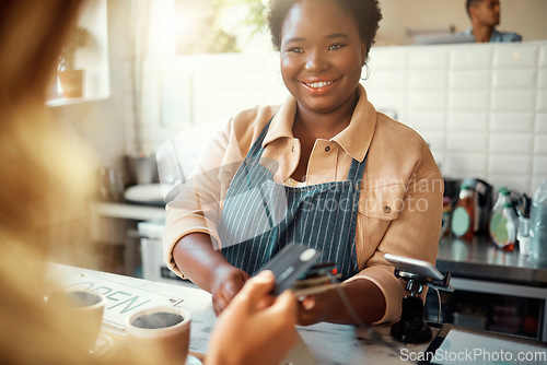 Image of Credit card, payment and shopping with black woman in coffee shop for retail, restaurant and food service. Finance, store and purchase with hands of customer in cafe for spending, consumer and sales