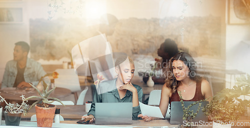 Image of Meeting, laptop and business women in cafe window for b2b conversation, discussion and networking. Communication, teamwork and female workers working on project ideas, strategy report and research