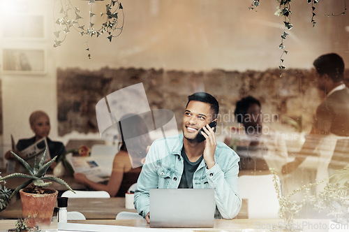 Image of Coffee shop, phone call and business man through cafe window sitting with laptop talking. Mobile communication, internet employee and computer work of a young professional in a restaurant talking