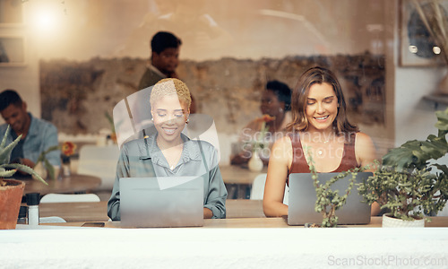 Image of Working, laptop and business women in cafe window for remote work, freelance career and research. Thinking, inspiration and female workers with computer for project ideas, report and typing email