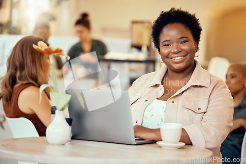 Image of Black woman, portrait and laptop in cafe of remote work, planning freelance research or restaurant. Happy female, coffee shop and computer technology on internet, blogging or social networking online