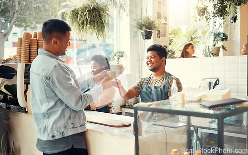 Image of Barista, coffee shop and service worker in the morning with customer in a restaurant. Happy employee, waiter and store worker with black man server and latte or espresso order in a retail business